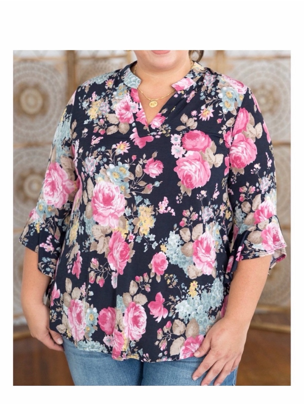 Honeyme Floral Split-Neck Blouse in Navy and Pink